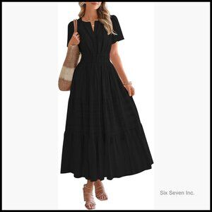 Lightweight Short Sleeve V Neck Elastic Waist Midi Maxi Dress with Pockets
